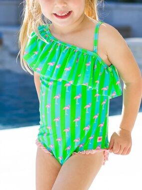 Ruffle Butts girls Green & Pink Flamingo One-Shoulder Kids Swim One Piece 7